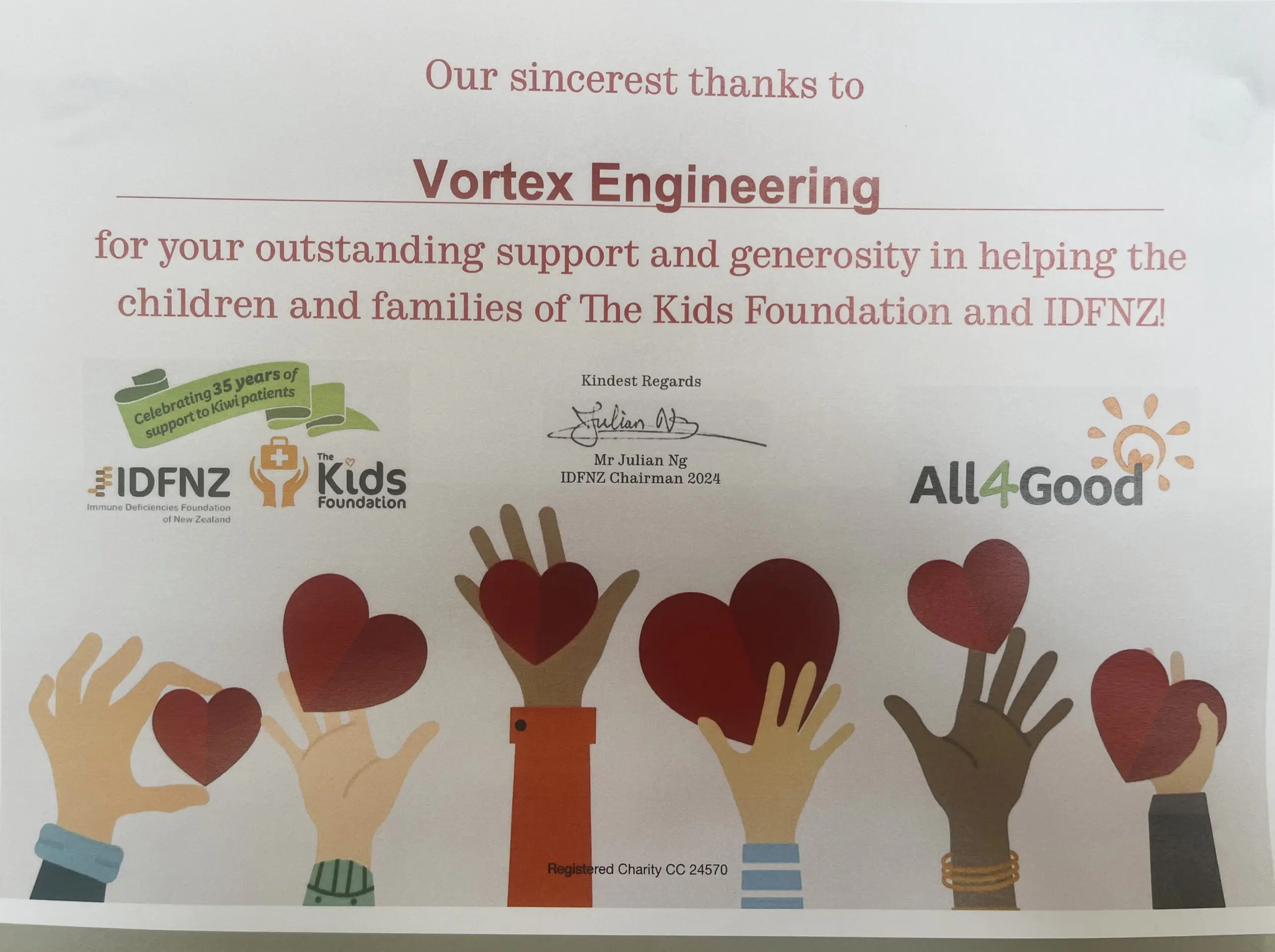 Support certificate of acknowledgement – IDFNZ | The Kids Foundation