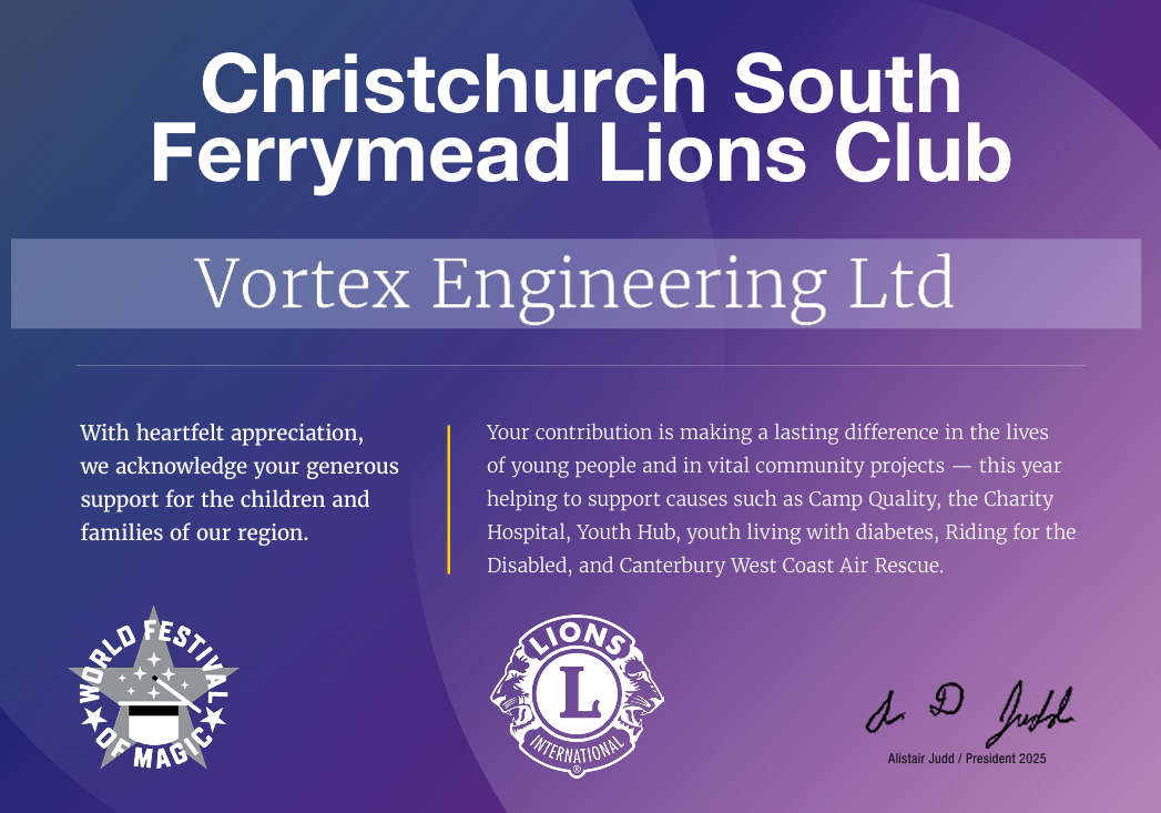 Vortex recognised by Christchurch South Ferrymead Lions Club